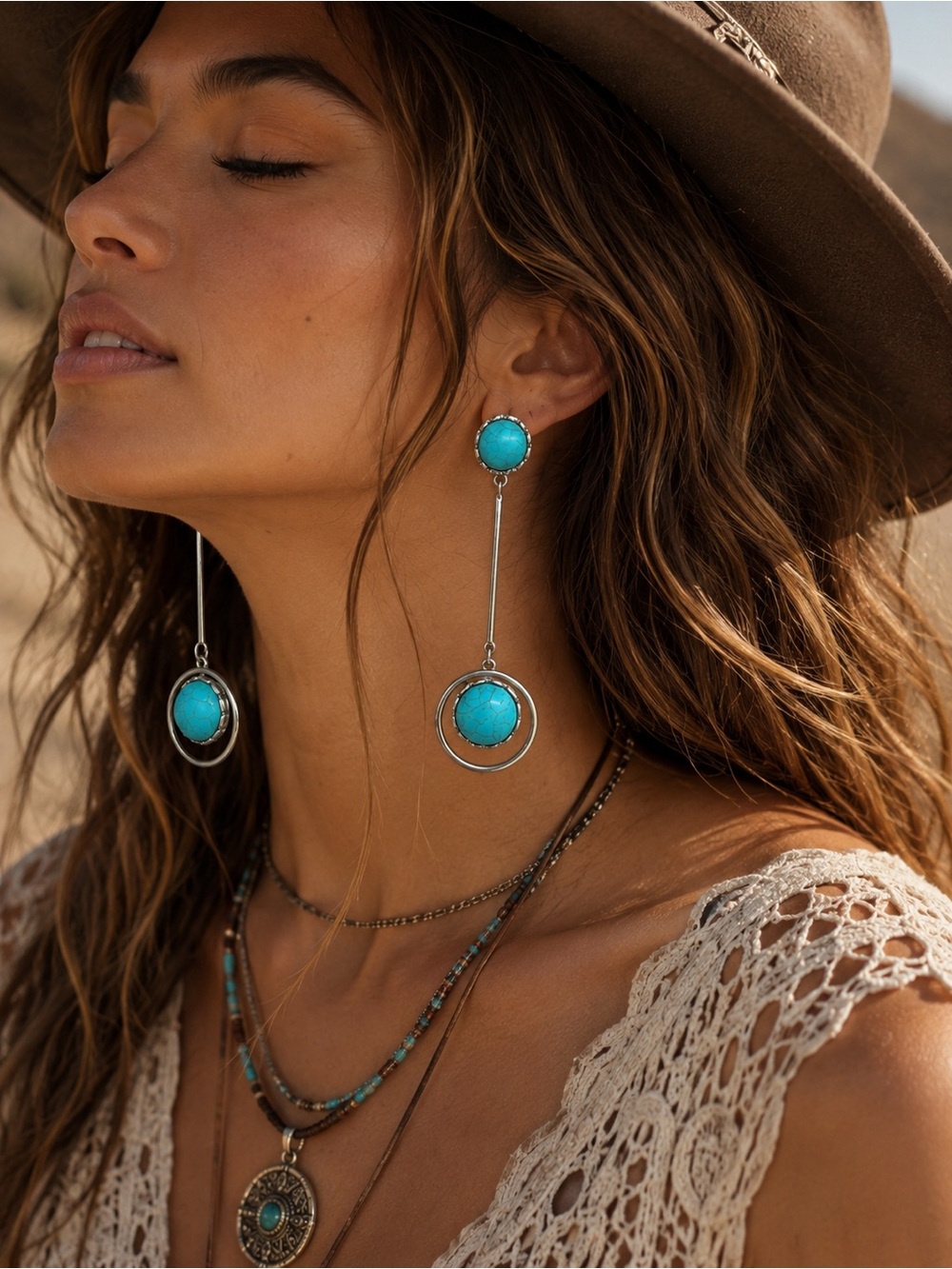 Turquoise Drop Circle Dangle Earrings - Silver-Tone